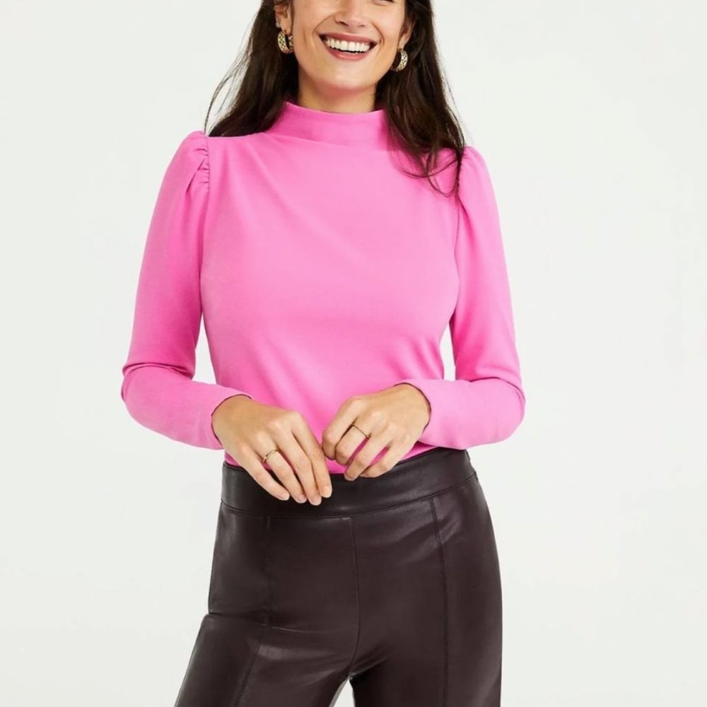 Ann Taylor Mock Neck PuffSleeve Top in Bright Blush